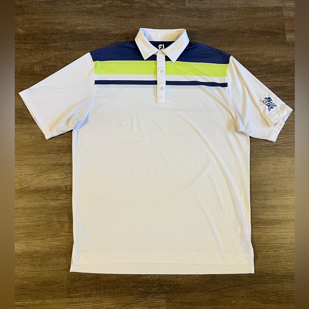 Men's FootJoy XL Golf Polo White Blue Green Strip Short‎ Sleeve Performance